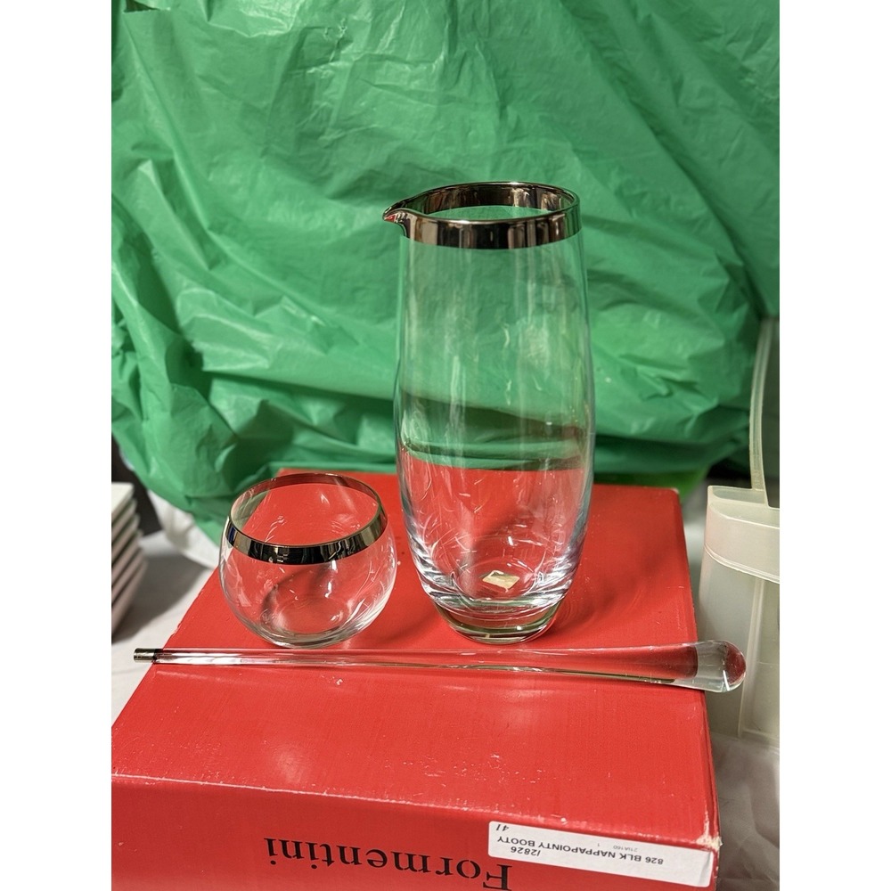 Crate & Barrel Glass Pitcher Stirrer & Tumbler Set‎ Silver Rim Barware